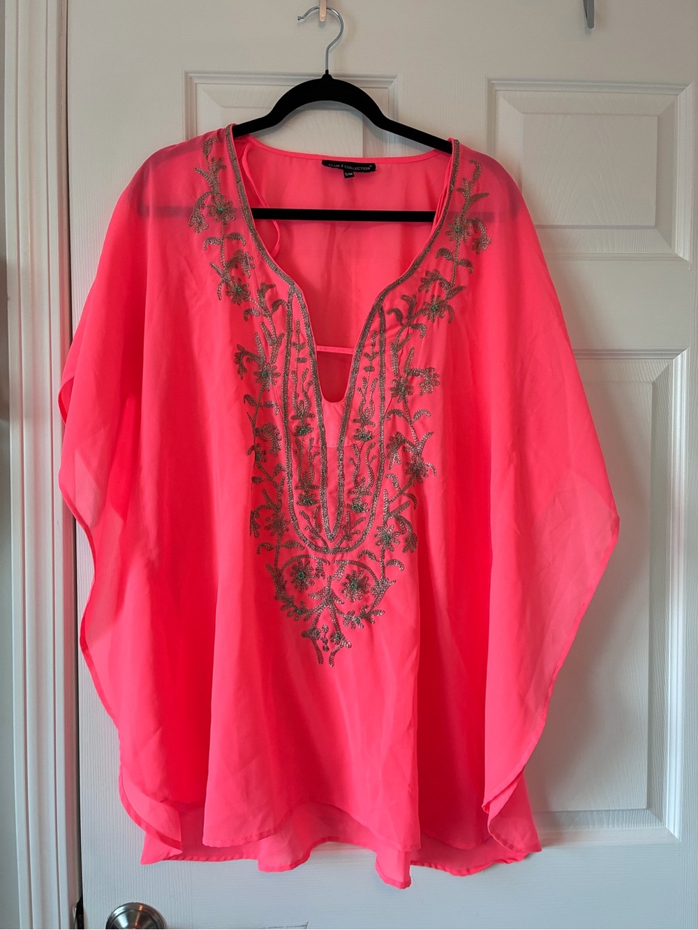 Neon Pink Embroidered Women's Swim Cover-Up Tunic